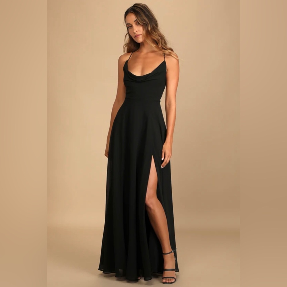Lulu’s Black Cowl Lace Up Maxi Dress - M